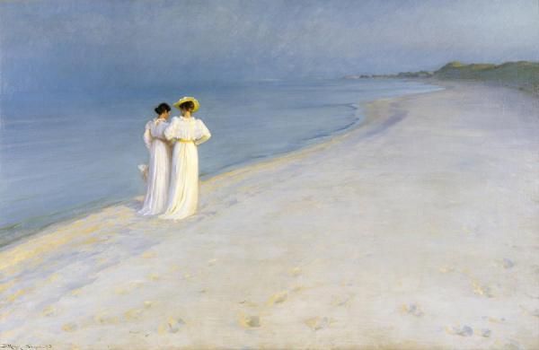 Summer Evening On Skagen's Beach. Anna Ancher And Marie Kroyer Walking Together by Anna Ancher