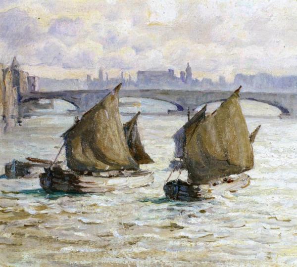 Barges & Bridge On The Thames by Anna Mary Richards Brewster