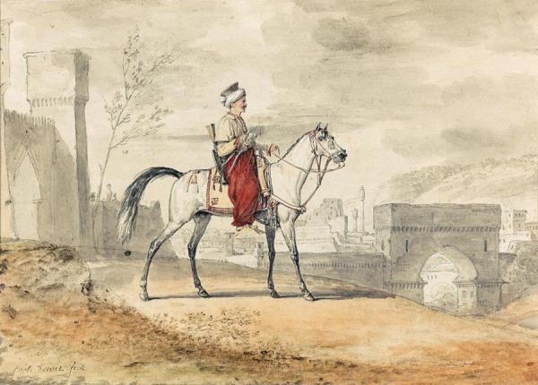 A Man In Oriental Dress On Horseback by Antoine Charles Horace Vernet