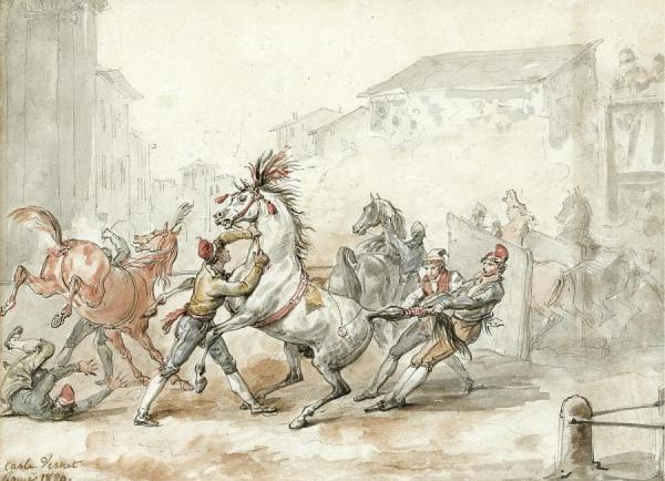 Preparing Horses For The Riderless Race In Rome by Antoine Charles Horace Vernet Oil Painting Reproductions
