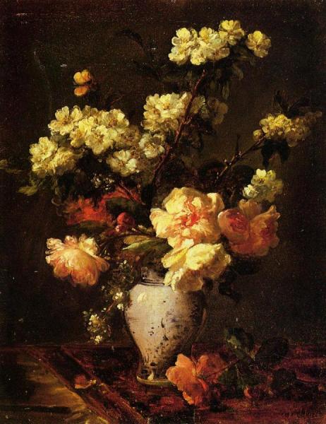 Peonies And Apple Blossoms In A Chinese Vase by Antoine Vollon