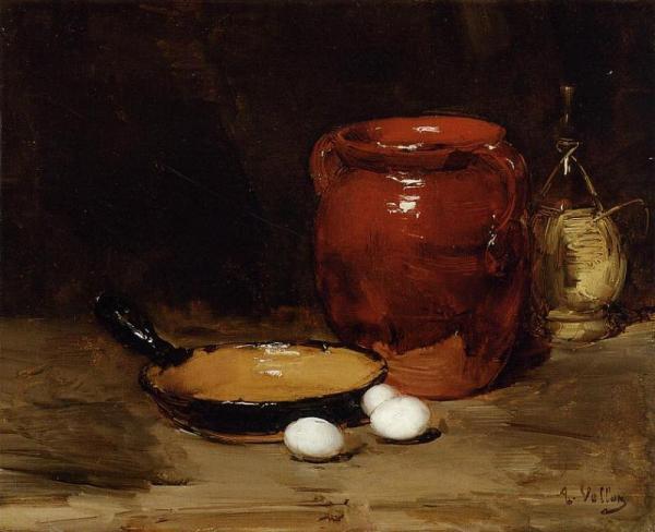 Still Life With A Pen, Jug, Bottle And Eggs On A Table by Antoine Vollon