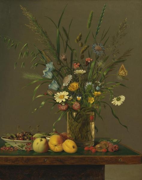 Flowers In A Glass Vase And An Arrangement Of Fruit by Anton Hartinger