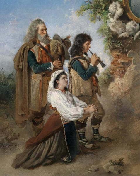 Pifferari, Playing Before An Image Of The Virgin Mary by Anton Romako
