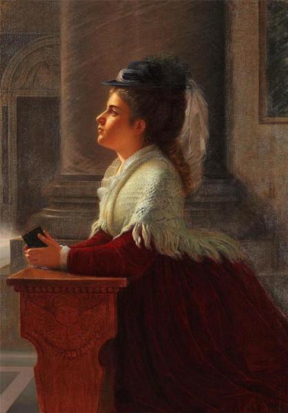 Young Woman Praying In The Church by Anton Thiele Oil Painting Reproductions