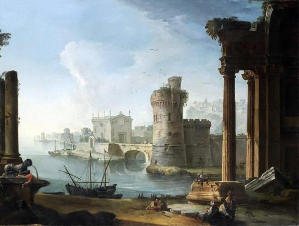 Antonio Joli A Ruined Ionic Portico And A Tower By An Inlet, A Port And A Hilltop Town Beyond