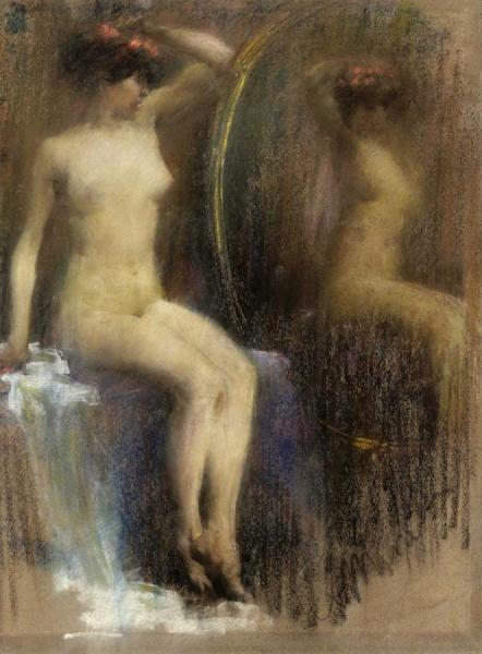 Amelia Allo Specchio by Antonio Mancini Oil Painting Reproductions