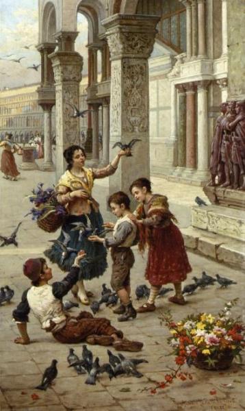 Feeding The Pigeons At Piazza St. Marco, Venice by Antonio Paoletti