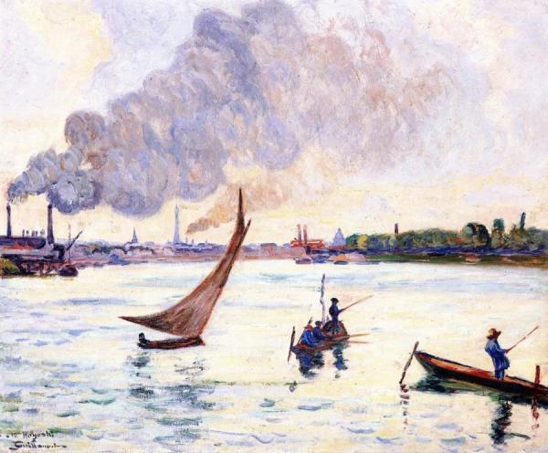 Fishermen And Sailboat - The Confluence Of The Seine And The Marne by Armand Guillaumin