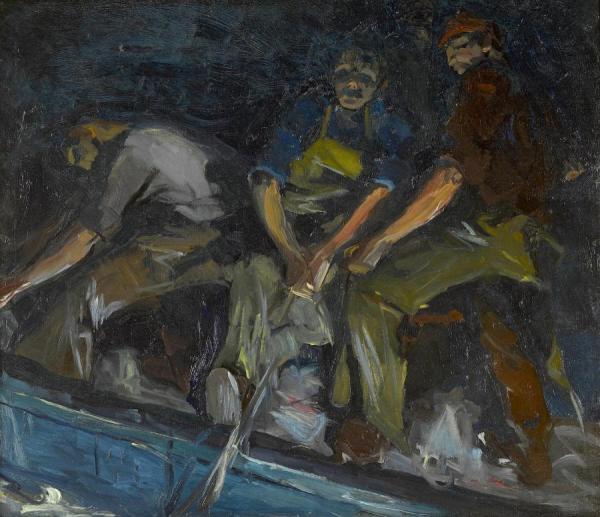 Three Fishermen Hauling In The Nets by Armin Hansen