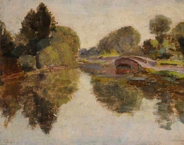 River Scene With A Bridge by Arnold Mason