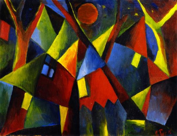 Yellow Moon Over Tumbling Houses by Arnold Topp