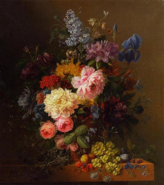Peonies, Roses, Irises, Lilies, Lilac And Other Flowers In A Vase On A Ledge Laden With Fruit by Arnoldus Bloemers