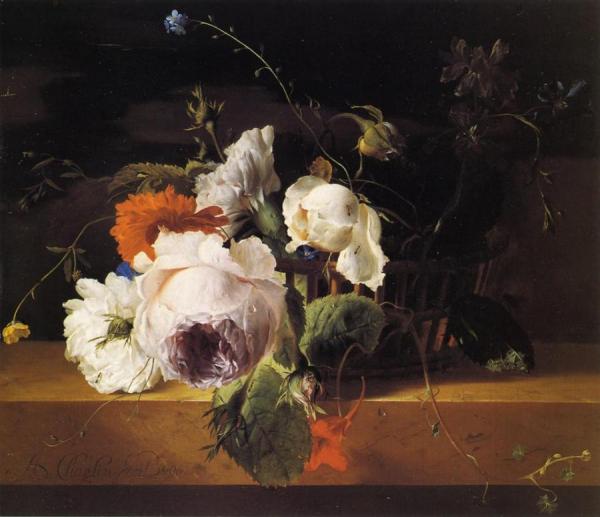 Roses, Carnations, And Assorted Wildflowers In A Basket On A Marble Ledge by Arthur Chaplin