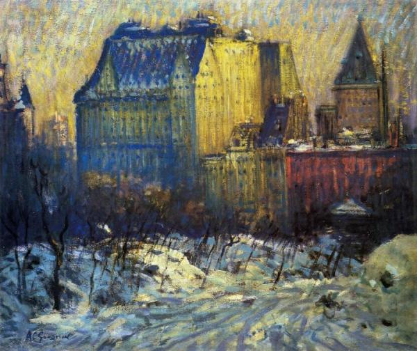 A View Of The Plaza From Central Park In Winter by Arthur Clifton Goodwin