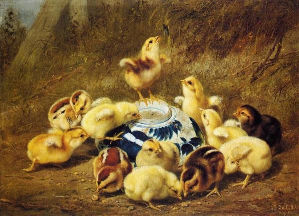 Chicks And Delft Bowl by Arthur Fitzwilliam Tait