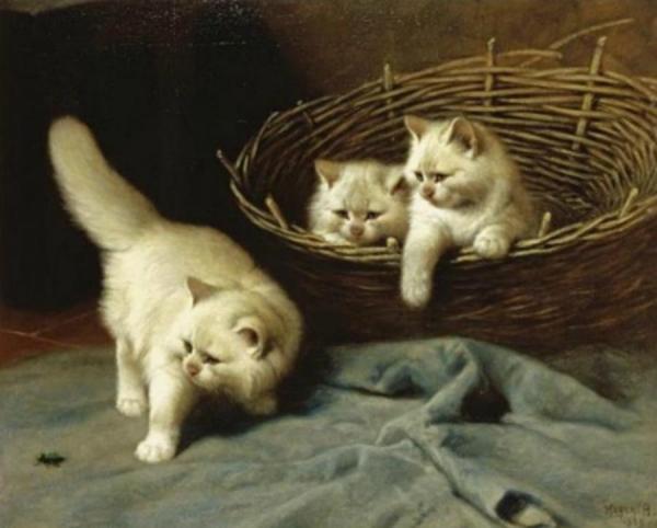 White Angora Kittens With A Beetle by Arthur Heyer Oil Painting Reproductions