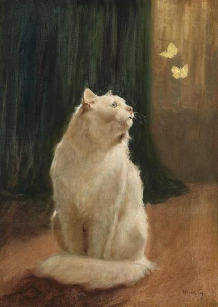 White Cat And Two Brimstone Butterflies by Arthur Heyer Oil Painting Reproductions