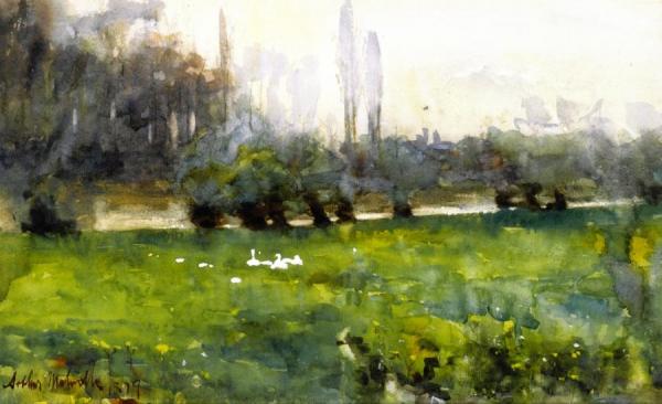 Swans In A Meadow by Arthur Melville