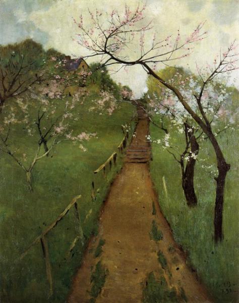 Arthur Wesley Dow Spring Landscape With A Farmer And White Horse