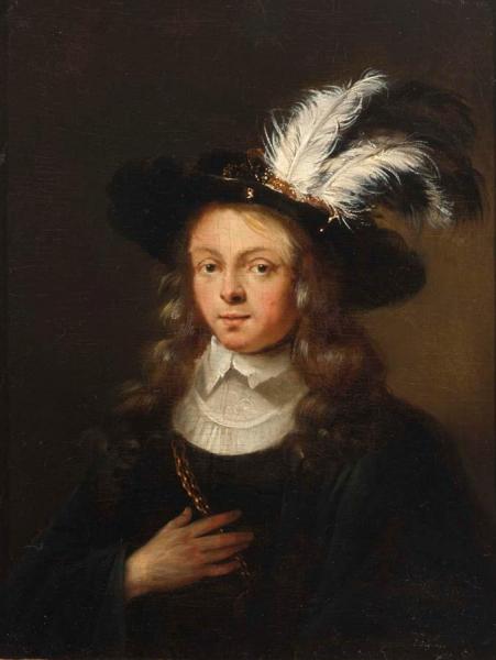A Portrait Of A  Young Man, Bust Length, Wearing A Black Coat With White Collar And A Feathered Hat by Ary De Vois Oil Painting Reproductions