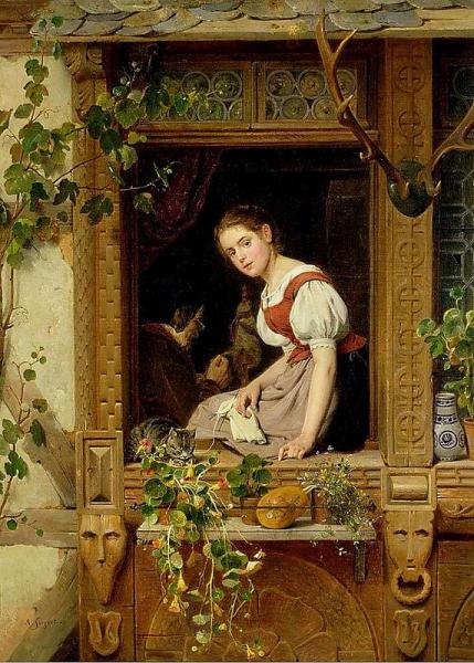 Dreaming On The Windowsill by August Friedrich Siegert Oil Painting Reproductions