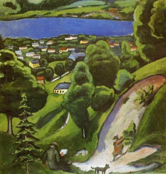 Tegernsee Landscape With Man Reading And Dog by August Macke Oil Painting Reproductions