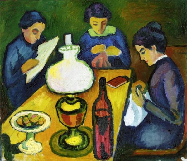 Three Women At The Table By The Lamp by August Macke