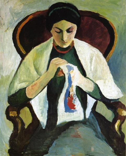 Woman Embroidering In An Armchair: Portrait Of The Artist's Wife by August Macke