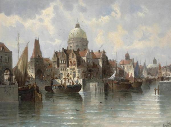 View Of A Dutch Harbor by August Von Siegen Oil Painting Reproductions