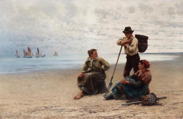 Conversation By The Sea by August Wilhelm Nikolaus Hagborg Oil Painting Reproductions