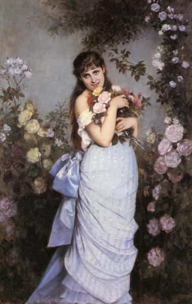 A Young Woman In A Rose Garden by Auguste Toulmouche