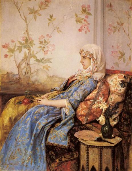 An Exotic Beauty In An Interior by Auguste Toulmouche Oil Painting Reproductions