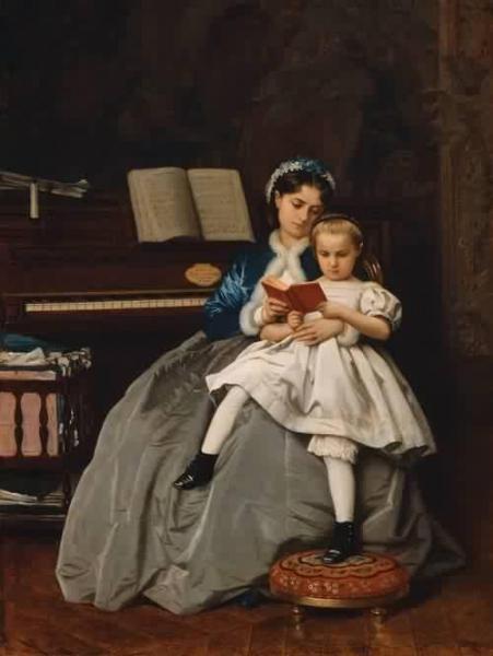 The Reading Lesson by Auguste Toulmouche Oil Painting Reproductions