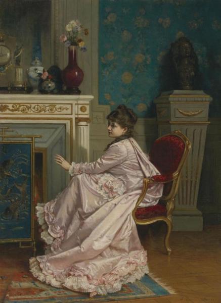 Woman By A Fireplace by Auguste Toulmouche