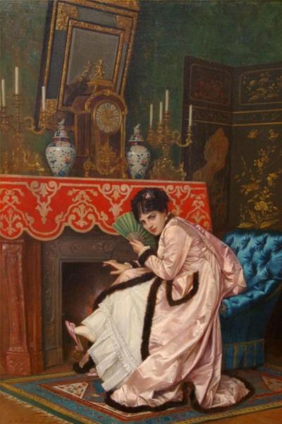 Auguste Toulmouche Woman Sitting In Front Of A Fireplace