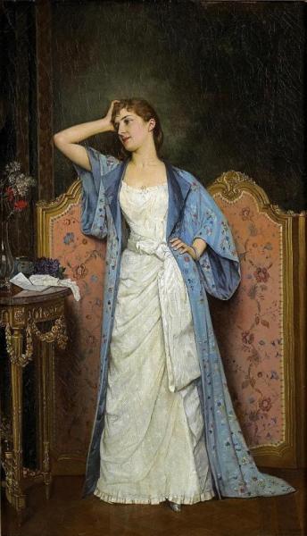 Young Woman By The Screen by Auguste Toulmouche
