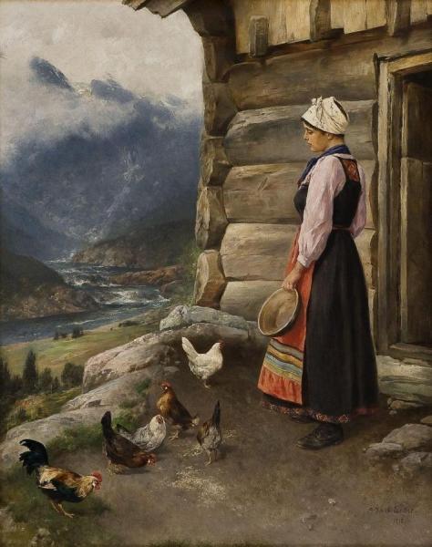Milkmaid With Hens And A Cock by Axel Hjalmar Ender