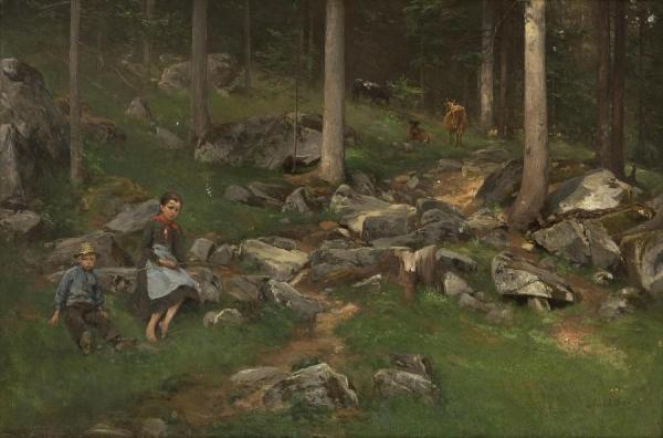 Part Of A Wood With Girl, Boy And Cows by Axel Hjalmar Ender