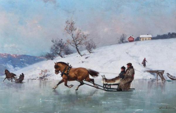 Sledding On The Ice by Axel Hjalmar Ender Oil Painting Reproductions