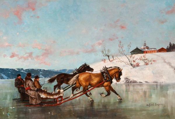 Speeding On Ice With Two Sleds by Axel Hjalmar Ender Oil Painting Reproductions