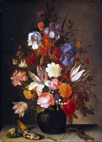 Flowers In A Glass Vase, Shells, A Caterpillar And A Grasshopper On A Stone Table by Balthasar Van Der Ast