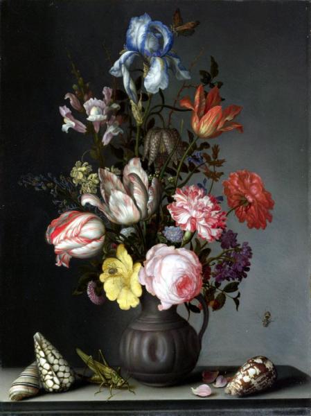 Flowers In A Vase With Shells And Insects by Balthasar Van Der Ast