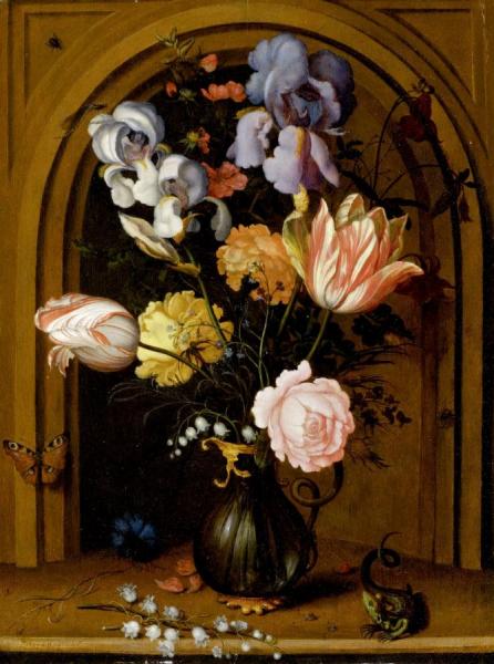 Still Life Of Flowers In A Glass Vase On A Niche With Butterfly, Lizard, Fly And Dragonfly by Balthasar Van Der Ast Oil Painting Reproductions