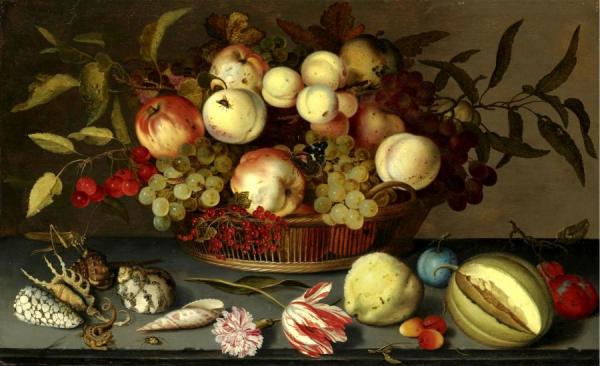 Still Life Of Peaches, Apples, Grapes, Cherries, Etc. by Balthasar Van Der Ast