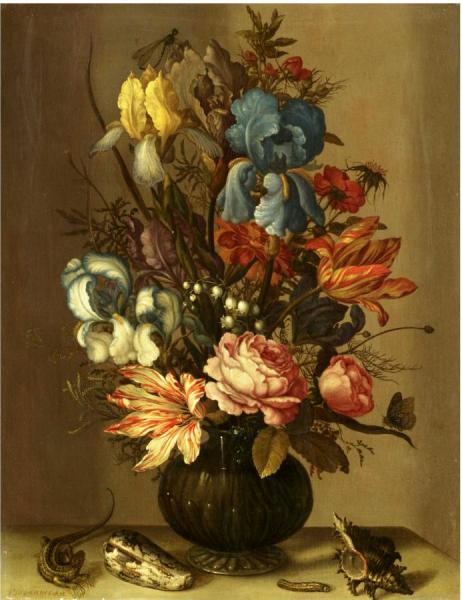 Still Life Of Roses, Tulips, Irises, French Marigold, Etc. by Balthasar Van Der Ast