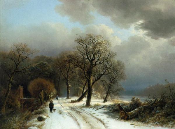 A Figure Walking His Dog On A Path In A Winter Landscape by Barend Cornelis Koekkoek