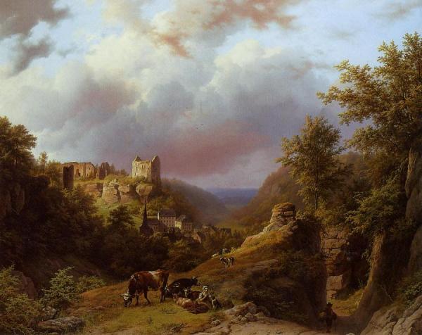 Countryfolk, Cattle And Goats On A Mountain Path With A Village Beyond by Barend Cornelis Koekkoek