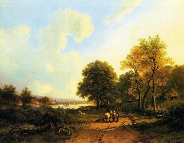 Peasants On A Path By A River by Barend Cornelis Koekkoek