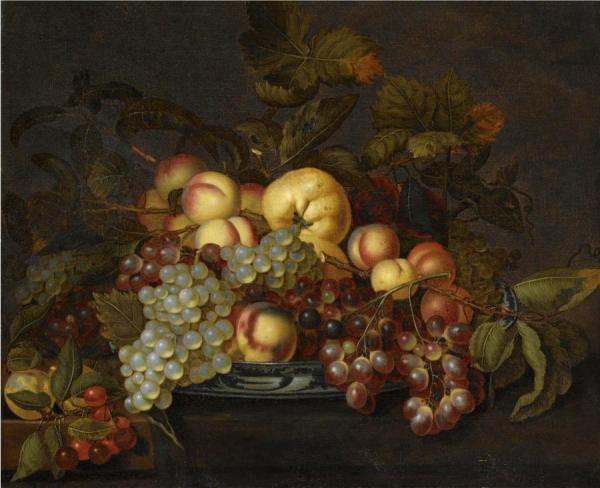 A Still Life With Grapes, Peaches And Other Fruit In A Porcelain Dish by Bartholomeus Assteyn